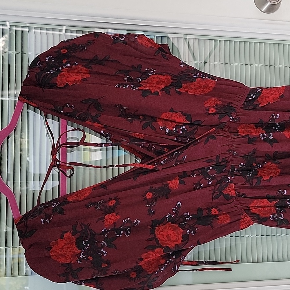 Band of Gypsies Morgan Wide Leg Floral Jumpsuit Burgundy with Roses Sz M - Picture 8 of 15